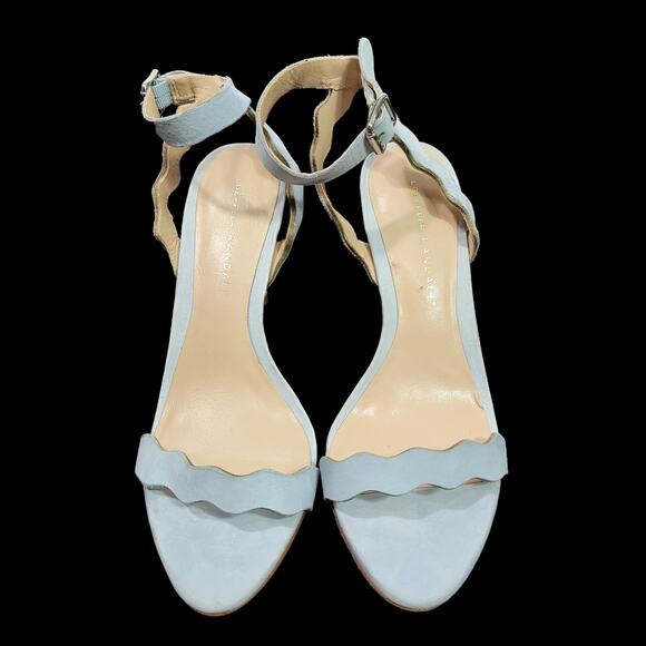 Loeffler Randall Reina Heel Blue Sandals Ankle Strap Leather Wavy Scalloped 8.5 - Picture 2 of 15